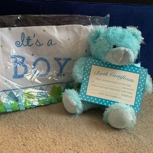 New “It’s a Boy” mailbox cover and teddy bear with cardboard birth certificate